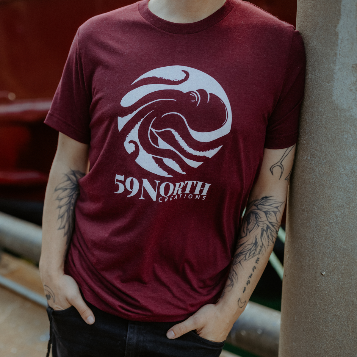 Maroon 59 North Creations logo t-shirt, unisex sizes, this is a large on our male model.