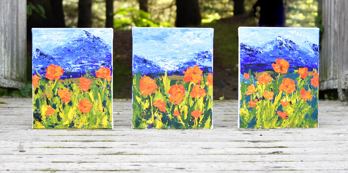 Canvas Print of an original painting, Set of 3 &quot;Poppies with Mountains&quot; by Tracy Hansen
