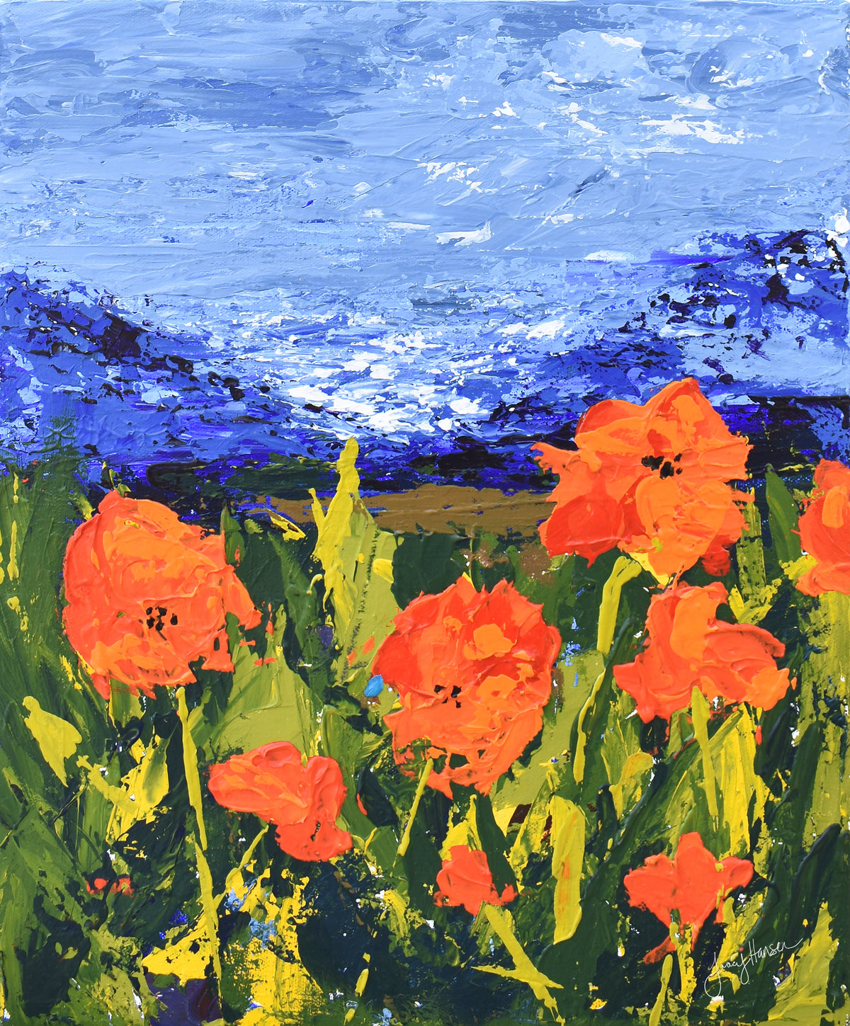 Canvas Print of an original painting, Set of 3 &quot;Poppies with Mountains&quot; by Tracy Hansen