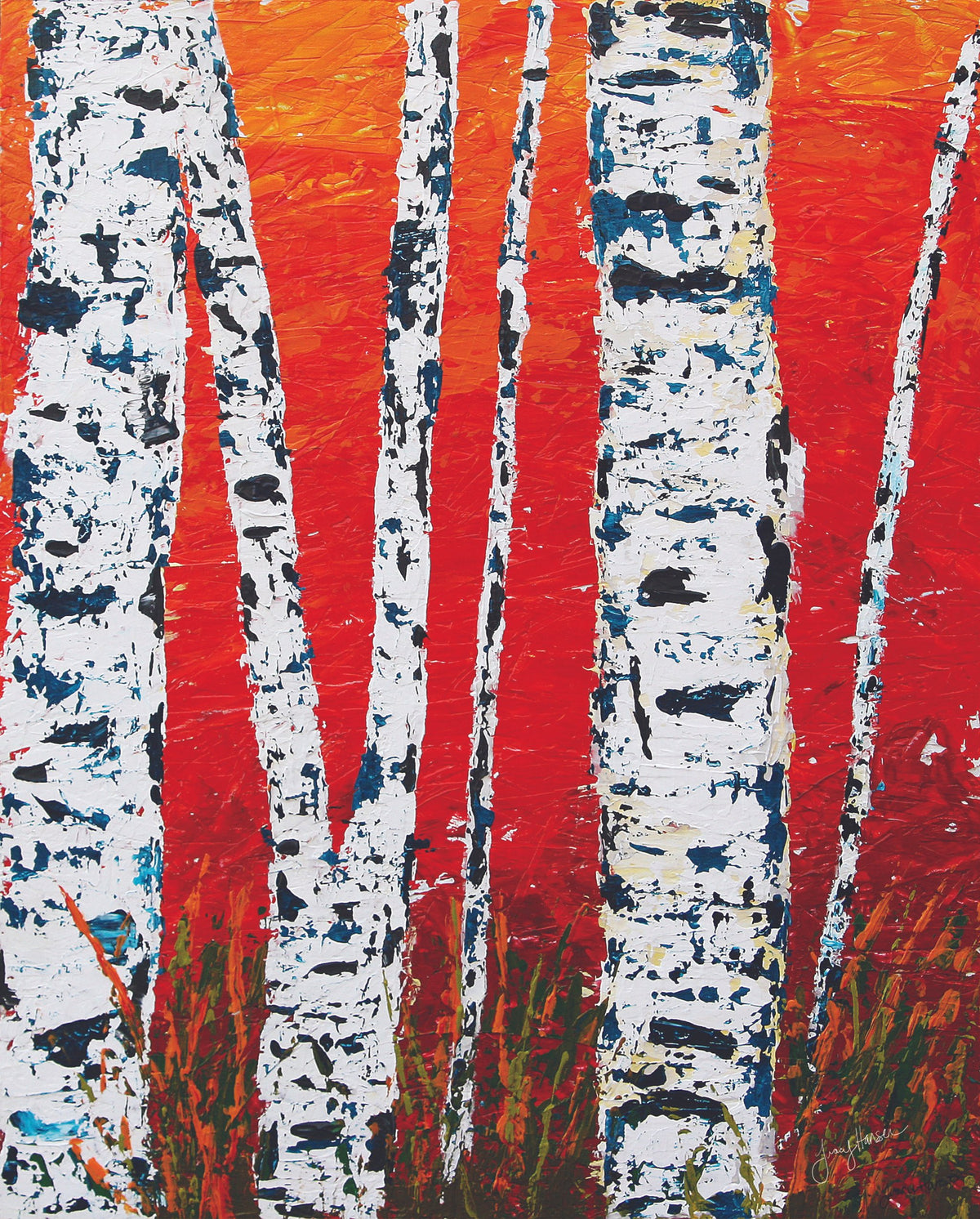 Print of an original painting &quot;Birch Red Sun&quot; by Tracy Hansen